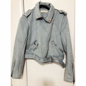 Zara Jacket & Coats: Blue Suede Moto Jacket